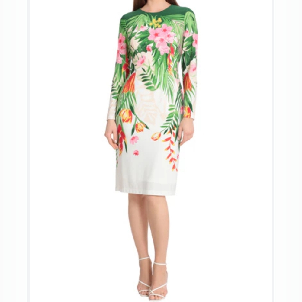 MAGGY LONDON LONG-SLEEVE FLORAL Print MIDI DRESS SIZE 2